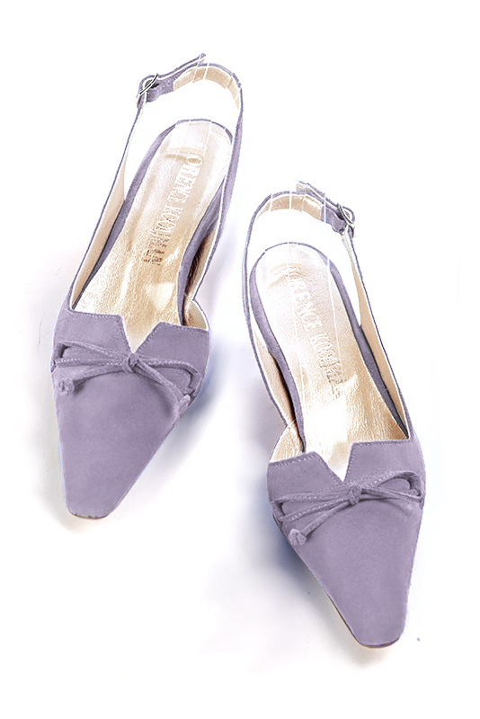 Lilac purple women's open back shoes, with a knot. Tapered toe. Low kitten heels. Top view - Florence KOOIJMAN